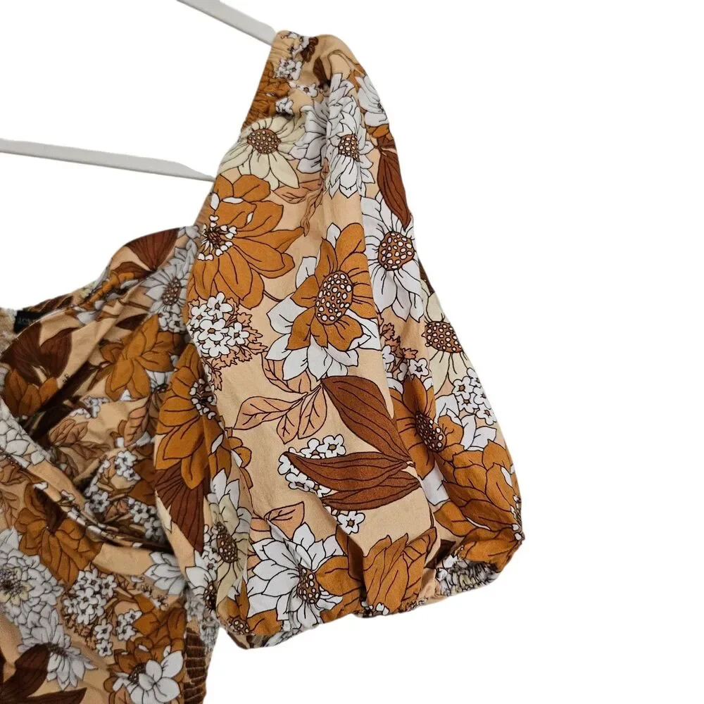 J. Crew Blouse Medium Brown Puff Short Sleeve Cotton Crop Top Zinnia Floral Boho